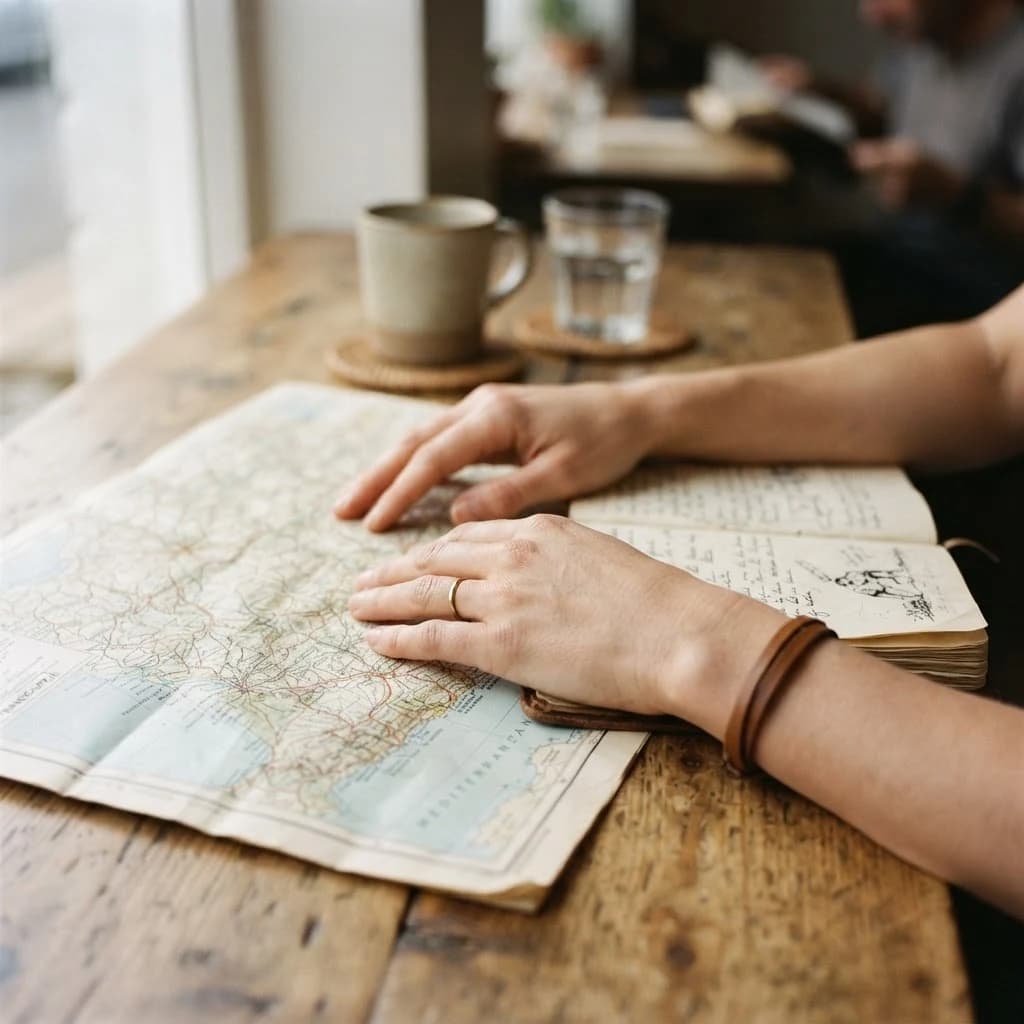 Hands resting over an open travel map and a notebook