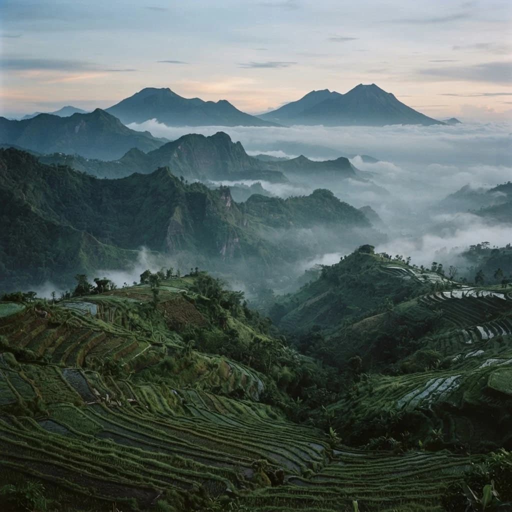 Misty volcanic highlands at dawn in Indonesia