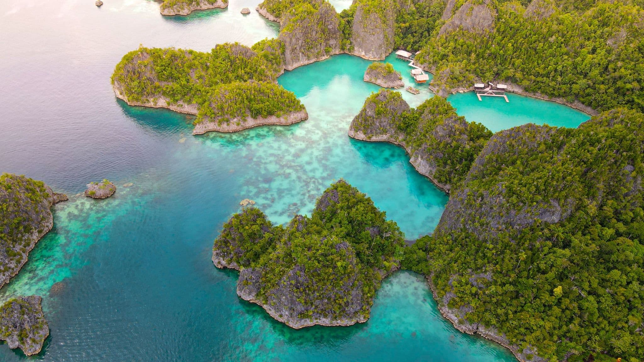 Aerial view of forested limestone islands surrounded by turquoise waters in Raja Ampat