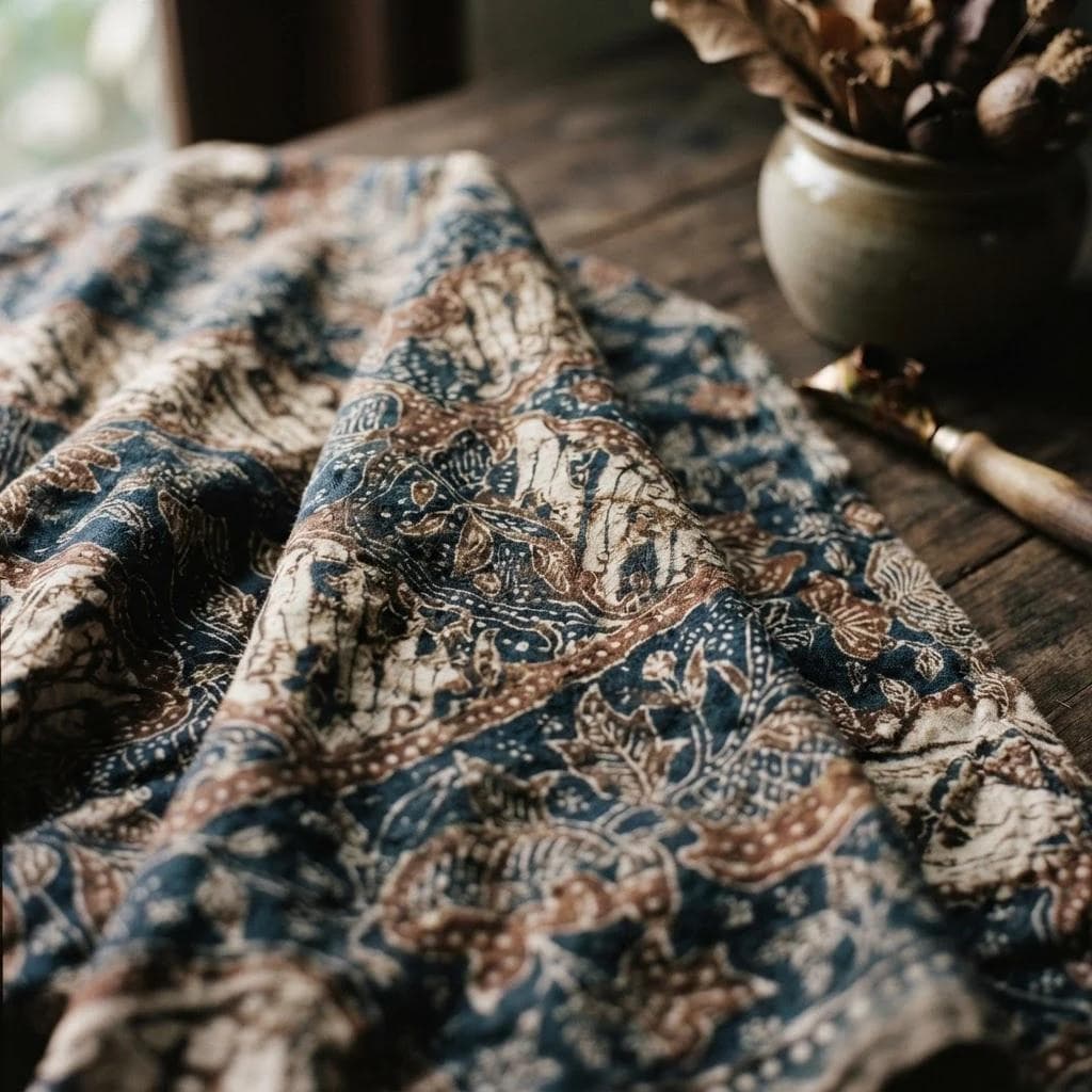 Patterned batik cloth arranged on a wooden table beside a small vase.
