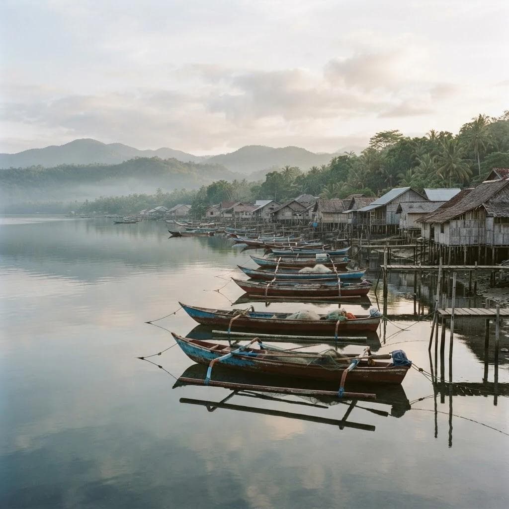 A quiet waterfront scene with a small boat and muted light.